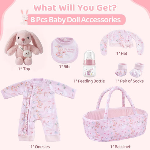 8 Set 12-15 Inch BABESIDE Pcs Baby Doll Clothes with Bassinet for Dolls, Cute Bunny Baby Doll Clothes and Accessories
