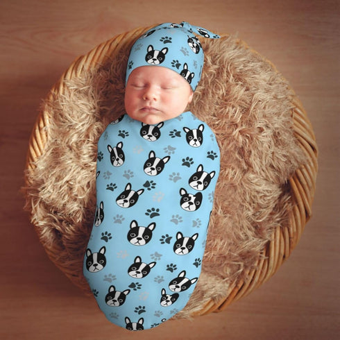 Set Cute Boston Terrier Puppy Newborn Swaddle Blanket with Beanie Soft Baby Sleep Sack Stretch Adjustable Swaddle Wraps