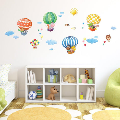 DECOWALL DA-1406B Animal Hot Air Balloons Wall Stickers, Peel and Stick Removable Decals for Kids Nursery Bedroom Décor
