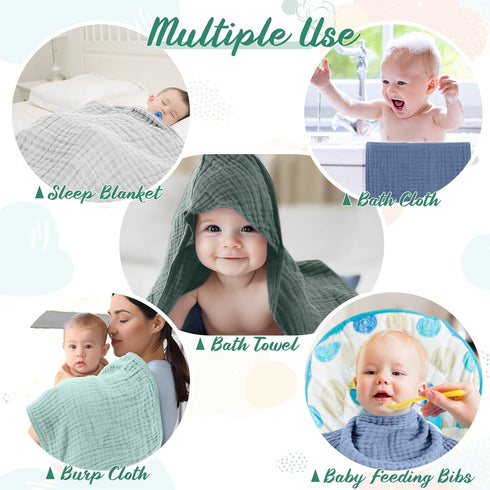 VitalCozy 8 (32 32 Inch,Mist Pcs Baby Muslin Hooded Bath Towels and Washcloths Muslin Cotton Hooded Baby Towels