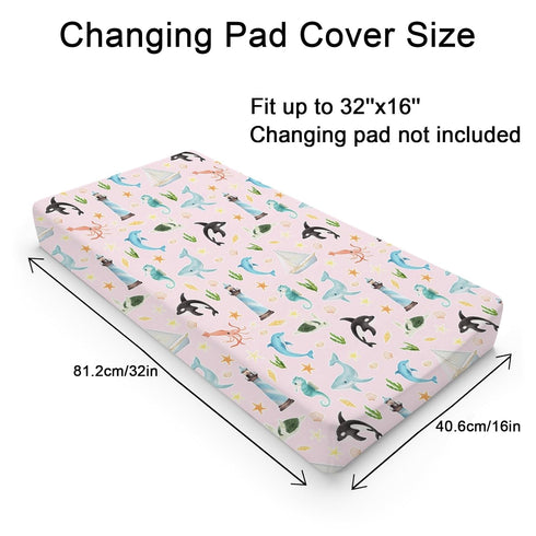 Colorful Sea Animals Changing Pad Covers Ocean Whale Dolphin Turtle Shells Corals Lighthouse Ship Fitted Baby Changing Table Sheets for Boy Girl Soft Stretch Diaper Changing Table Mats 32''x16''
