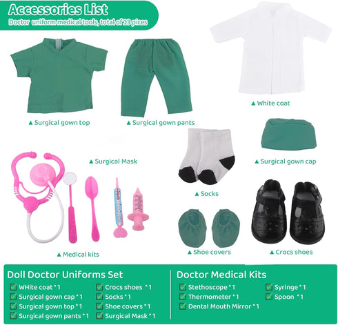 Doll Doctor Outfits and Medical Kit Accessories for 18 Inch Fashion Dolls, includes White Coat, Green Scrubs, Doctor Surgical Gown and Tools Playset for 18 in Girl and Boy Dolls