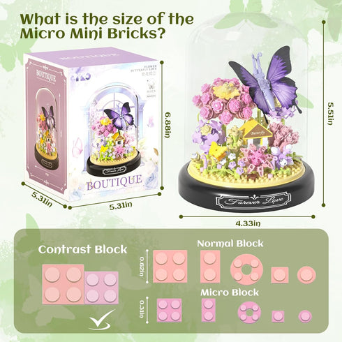Flower Bouquet Building Set, 582 PCS Mini Building Block Kit with Dust Cover, Butterfly Wildflower for Adults, Girls &