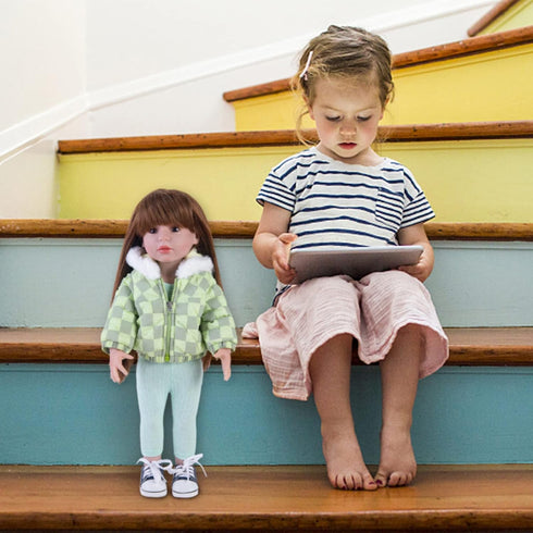 Doll Clothes 3 Pc. Set - Light Green Grey Plaid Hooded Thick Coat, Checkerboard Jacket, Warm Outfit for 18" Dolls