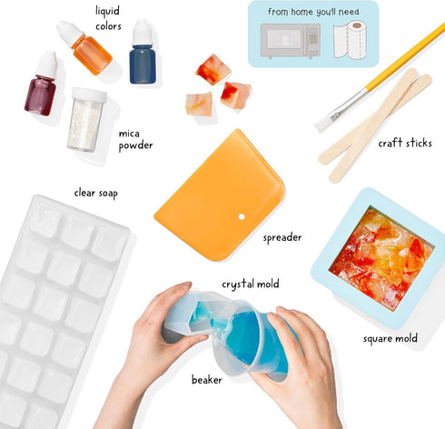 Set 7+ KiwiCo Crystal Geode Soapmaking Kit | Complete Includes Beaker, Clear Soap, Molds, Mixing Sticks, Mica Powder