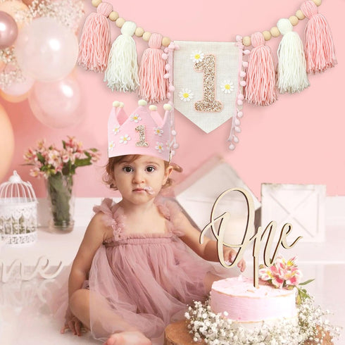 1st Daisy Highchair Wood Bead Tassel Garland Crown Hat Wooden Cake Topper Birthday Baby Shower Decorations