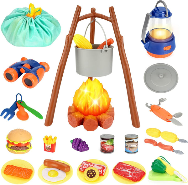 Kids Camping Toys Set, Pretend Play Campfire and Cutting Food for Indoor Outdoor Camping
