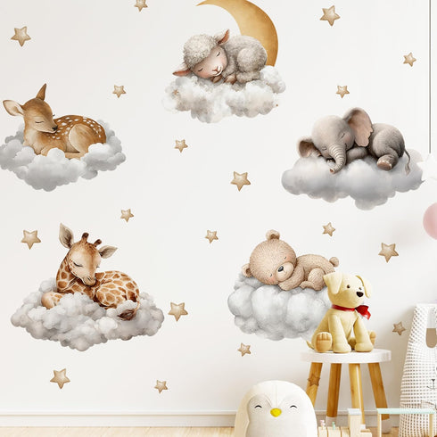 Sleeping Animals Wall Decals,Dreamy Clouds & Star Theme Art Wall Sticker Decors,Peel and Stick Elephants, Bears, Deer