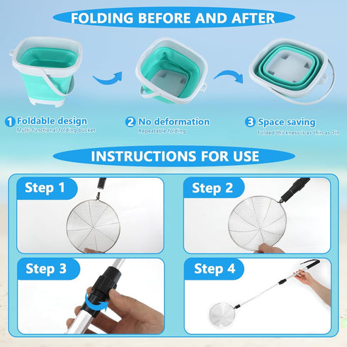 fethwoin 6 8 10 12, Shark Tooth Sifter, Beach Sand Sifter, Sea Shell Scooper for Beach, Shell Bags&Foldable Bucket