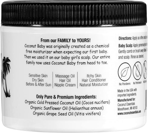 Coconut Baby Oil for Hair & Skin Care, Natural & Organic, 2 fl oz, Unscented Moisturizer for Sensitive Skin