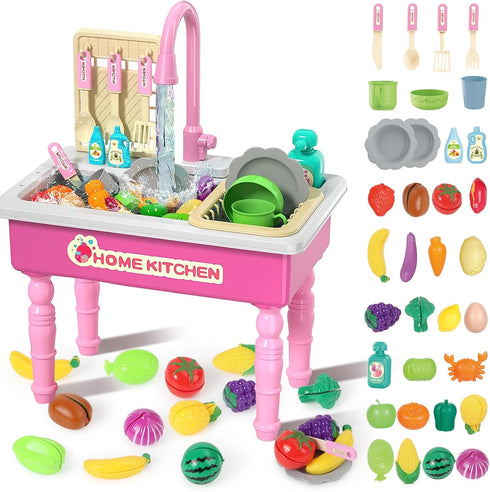deAO Kitchen Toy Sink Toys with Cutting Food,Electric Dishwasher Playing Toy with
