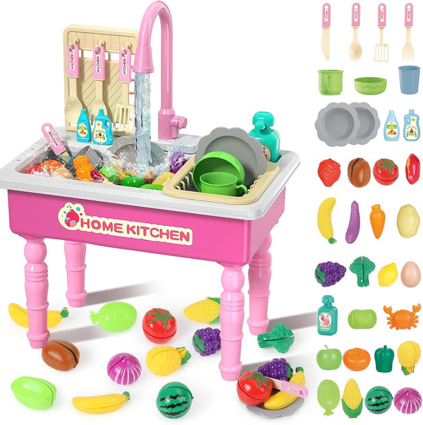 deAO Kitchen Toy Sink Toys with Cutting Food,Electric Dishwasher Playing Toy with