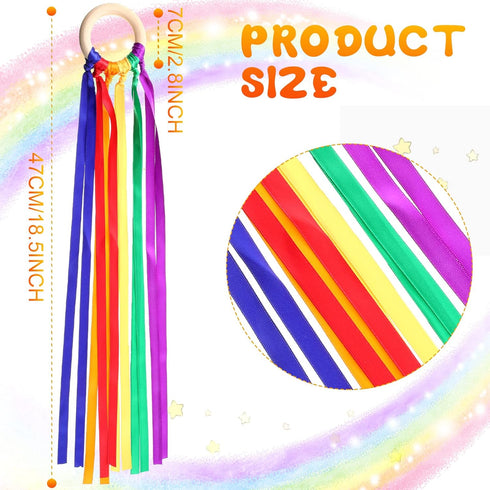 Gift(24 Junkin Ribbon Rings Hand Kite Waldorf Toys Dancing Wrist Ribbons Rainbow Streamers with Wood Ring Educational