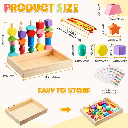 Montessori Preschool Educational Wooden Toys for Toddlers, Lacing Beads & Stacking Blocks Gifts for Kids