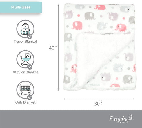 EVERYDAY KIDS Large Ultra Soft Gray and Pink Elephant Minky Baby Blanket, 30 x 40”, for Girls, Nursery Decor