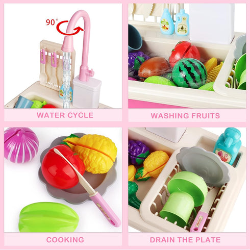 Food,44 Set 3 4 5 deAO Kitchen Toy Sink Toys with Cutting Food,Electric Dishwasher Playing Toy with Running Water, Role