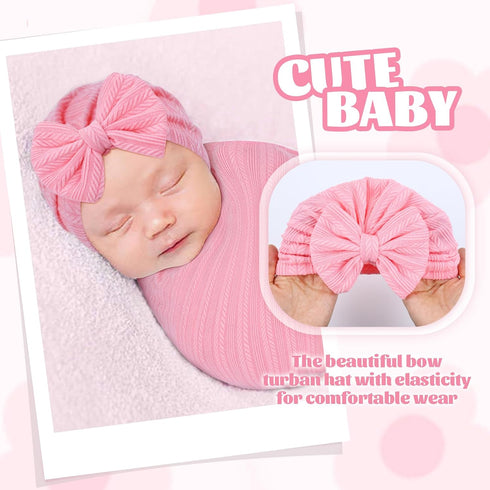 4pcs Cinaci Pink Soft Nursery Newborn Baby Receiving Swaddle Blanket with Matching Turban Hat Bow Headbands Floral