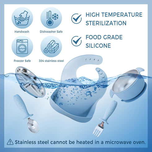 HORNORM 7 304 Set Pieces Stainless Steel Baby & Toddler Feeding - Suction Divided Plates, Bowls, Silicone & Stainless