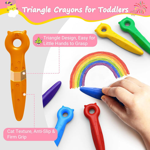 1-3 2-4 4-8, (24 KERIFI Triangle Jumbo Crayons for Toddlers, Mess Free Washable Toddler First Crayons for Kids Ages