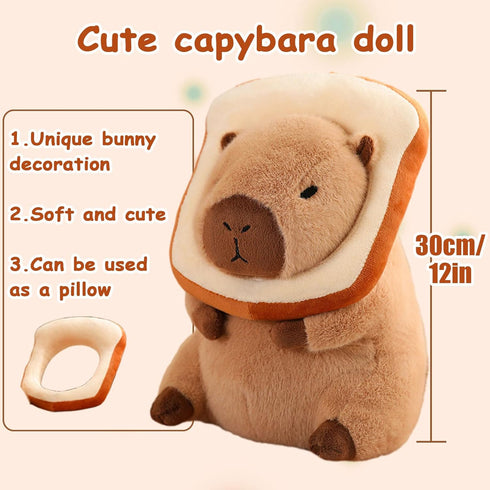 12" Capybara Plush Toy Pillow, Cute Stuffed Animal with Wearable Bread, Gifts for Girls Boys Kids