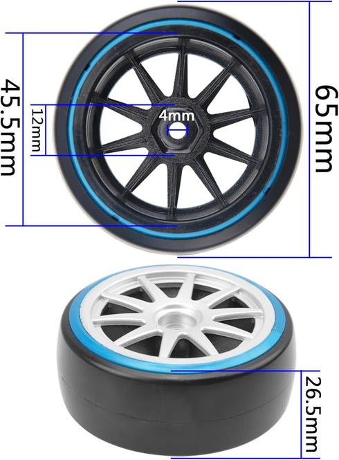 1/10 RC Hard Plastic Drift Tires & Wheel Rims, 12mm Hex 10-Spoke Compatible with HSP HPI Tamiya TT01 TT02 Kyosho Traxxas
