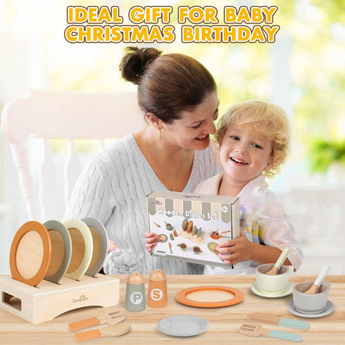 Set, 27 3 4 5 6 Wooden Play Dishes and Plates for Kids Kitchen PCS Wooden Play Kitchen Accessories, Kitchen Toy