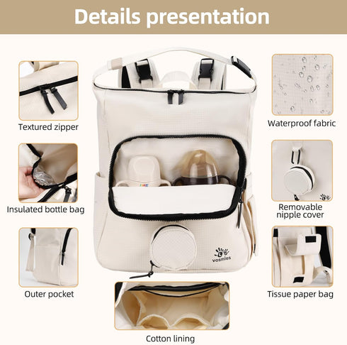 vosmles Backpack Diaper Bag with Changing Pad, Wet Dry Bag, Pacifier Case and Stroller Straps, Soft Cotton Lining, Baby