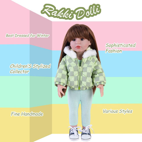 Doll Clothes 3 Pc. Set - Light Green Grey Plaid Hooded Thick Coat, Checkerboard Jacket, Warm Outfit for 18" Dolls
