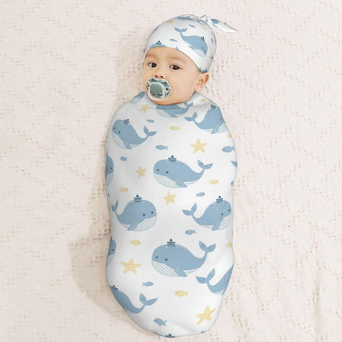 Sets Whales with Fishes Newborn Swaddle Blankets Hat Soft Baby Receiving Blanket Swaddle Sack for Baby Shower Infant