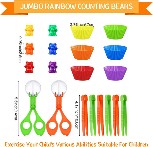 74 Pieces Counting Sorting Bears Set, Sensory Bin Tools with 60 Rainbow Sorting Bears, Tweezers, Scissors Clips,