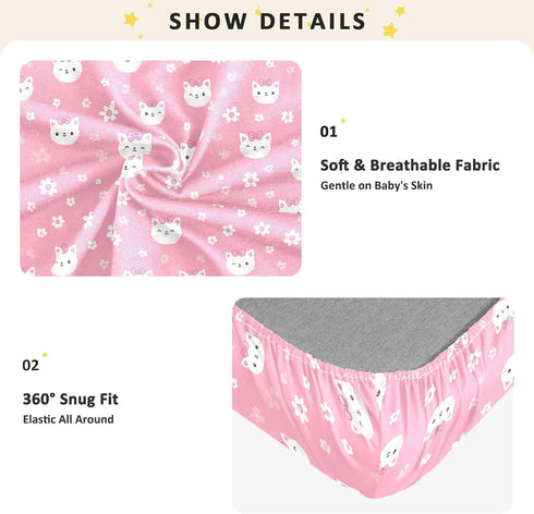 miaozhen 1 Pack 52x28 Cotton Baby Crib Sheets Comfy Breathable Cute Cartoon Cat Floral Peach Muslin Crib Sheets