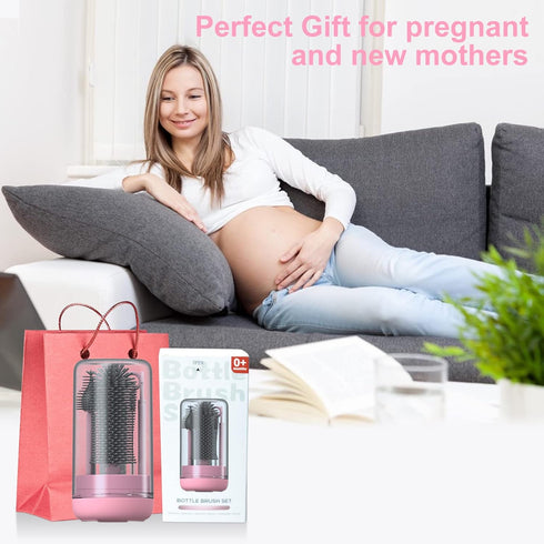 Travel Bottle Cleaner Kit with Baby Bottle Brush Set, Drying Base, and Soap Dispenser - Gift for New Moms (Peach Pink)