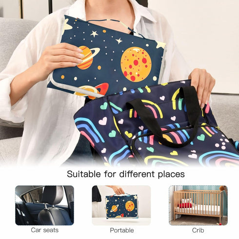 WELLDAY Space Theme Geometric Baby Changing Pad - Waterproof Diaper Changing Pad with Built-in Pillow - Portable Travel