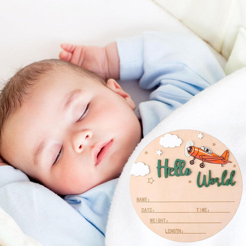 NQEUEPN 15cm/5.91 Inch Newborn Announcement Sign, Wooden Hello World Sign Newborn Welcome Plaques Birth Baby Name