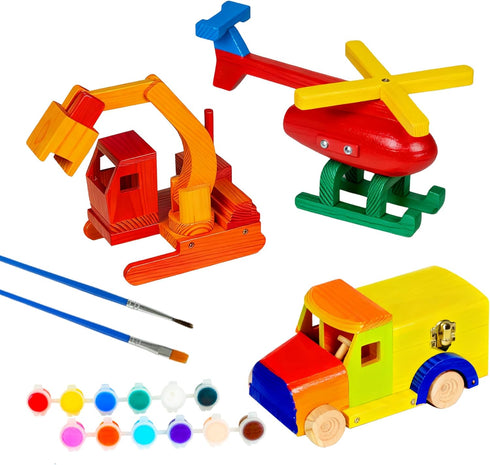 3 12 2 Set, 8+ Easy Playhouse: Wood Building Toy Kit - DIY Vehicle Projects: Helicopter, Truck & Excavator, Paint