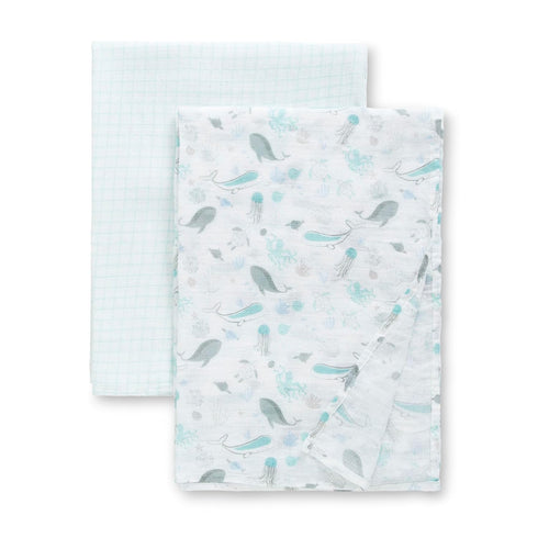 Delta Children 100% Cotton Muslin Baby Receiving Blankets, 47x47 Inches, Pack of 2, Sea Life