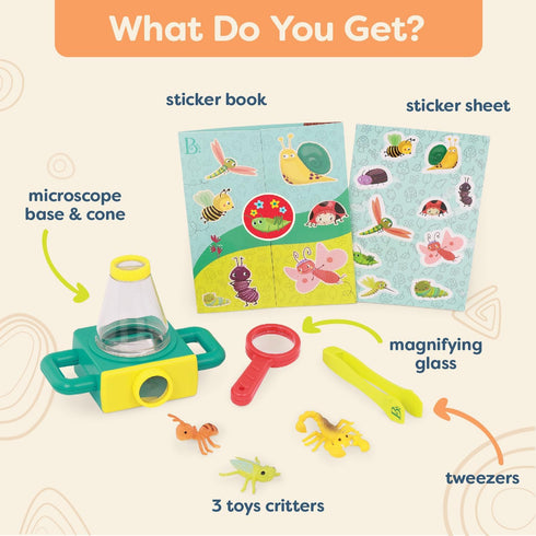 B. toys 9pc Toy Microscope Set with Sticker Book, Magnifying Glass & Tweezers, 3 Toy Bugs, Little Explorer Pack
