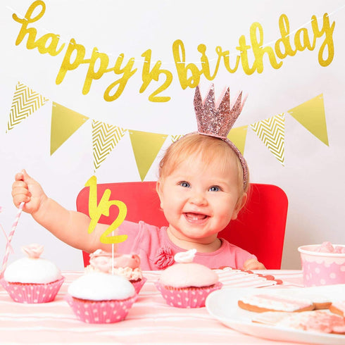 Boao Pre-Strung Half Birthday Decorations Set - 6 Months Happy 1/2 Birthday Banner, Gold Cake Topper, Triangle Flag