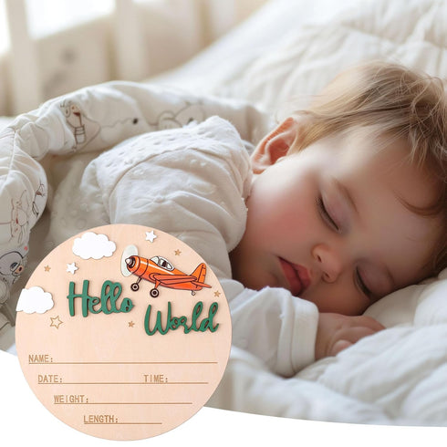 NQEUEPN 15cm/5.91 Inch Newborn Announcement Sign, Wooden Hello World Sign Newborn Welcome Plaques Birth Baby Name