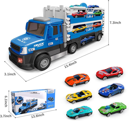 DOWELLIN 6 1 6Pcs 3 4 5 6 7 8-Blue in Transport Truck Toys for Kids, Police Trucks Carrier Cars with Metal Race Car