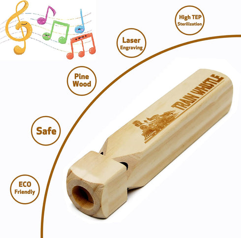 Wooden Train Whistle (2 Pack), 4 Tone Educational Toy Gift with Blast Chart for Kids