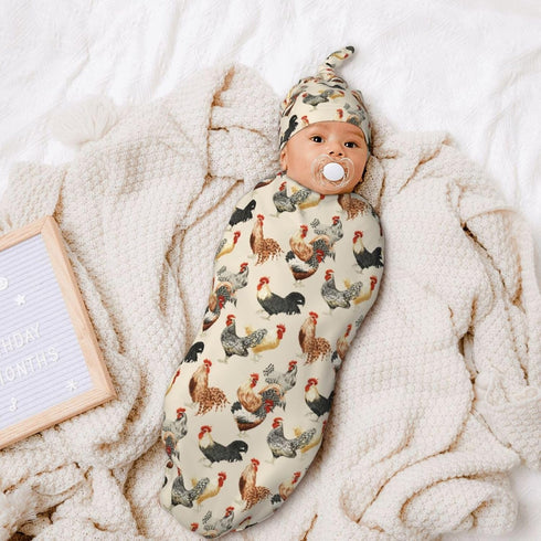 WELBB Set,Stretchy Rooster Chickens Baby Girl Boy Gifts Newborn Swaddle Blanket with Beanie Receiving Blanket Newborn