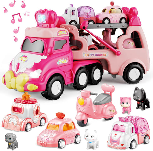 seveclotree 9 in 1 Carrier Truck Cars Toys - Pink Princess Girl Car