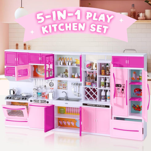 Mastom Playset 56PCS 3 4 5 6 Kitchen for Girls, Play Kitchen Toys for Dolls with Realistic Lights & Sounds, Kids