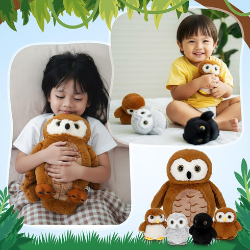 Hollowfly 5 Set 13.4" Mommy 4 Set Pcs Owls Plush Toy Gift Barn Owls with Cute Babies Stuffed Animal in Zippered Back
