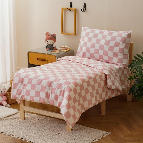 Set 4 Set Set KAREVER Grid Toddler Bedding Pink White Checkered Pieces Crib Bed Kids Pliad Comforter