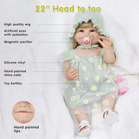 22 Inch Lifelike Reborn Girl Baby Doll - Realistic Silicone Full Body Newborn with Accessories, Weighted Soft Toy Gift