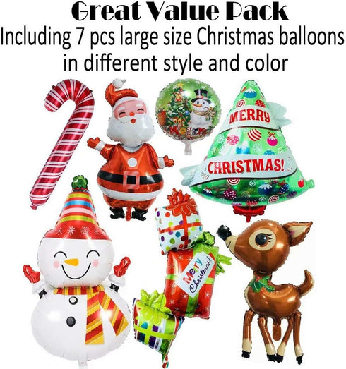 Giant 7pcs Christmas Decor Balloons Set, Mylar Foil Santa Claus, Elk, Snowman, Reindeer, Candy Cane, Tree