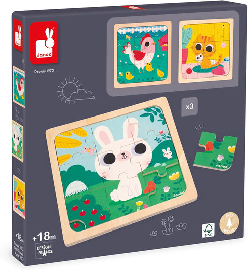 Janod 3x 9-Piece Wooden Puzzles - Hen, Cat & Rabbit Educational Toy for Children 18 Months+, J07113, Multicolor
