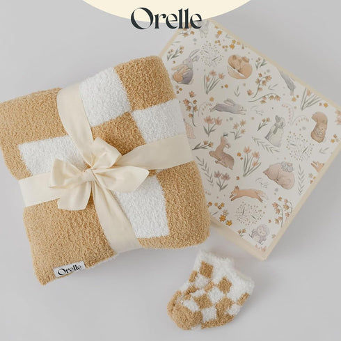 Set Cozy 30x40 Orelle Checkered Baby Blanket & Matching Socks | Plush Baby Blanket | Luxury Ultra-Soft & Receiving
